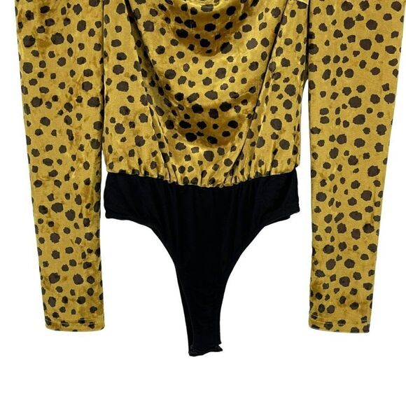 4SI3NNA Gold Leopard Velvet Bodysuit Long Puff Sleeves Front Cutout Women Medium - Picture 3 of 10